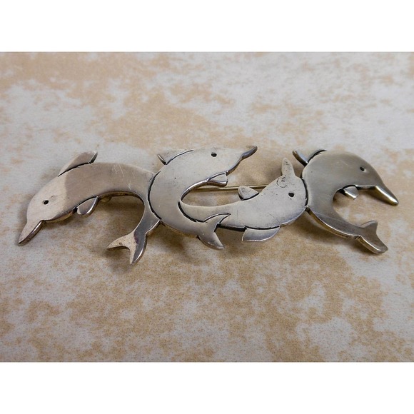 Vintage Mexico Sterling Silver Dolphins Brooch Pin 14 Grams - Picture 2 of 8